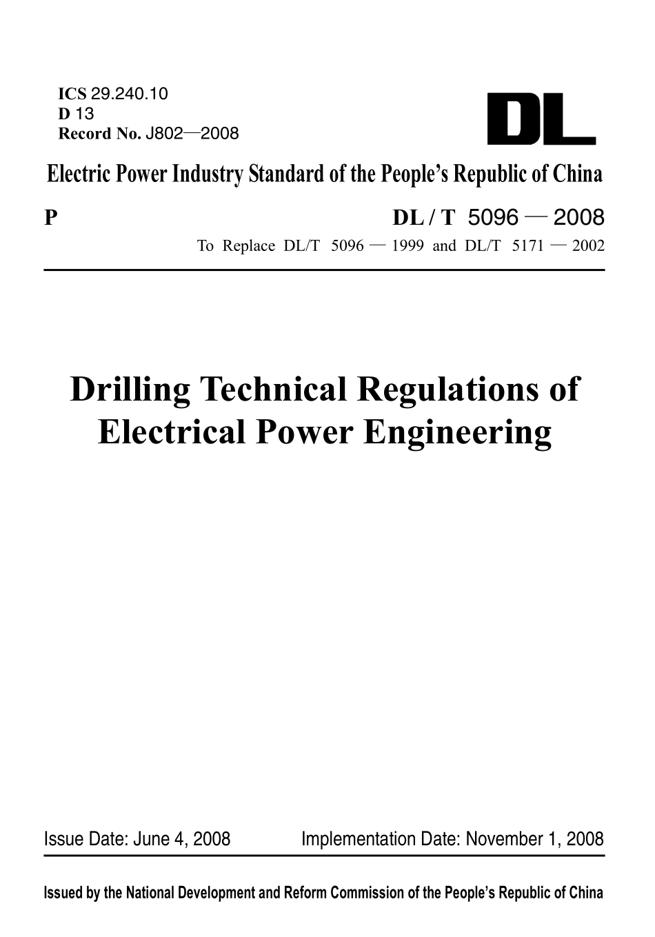 DLT 5096-2008 电力工程钻探技术规程(英文版）.pdf_第1页