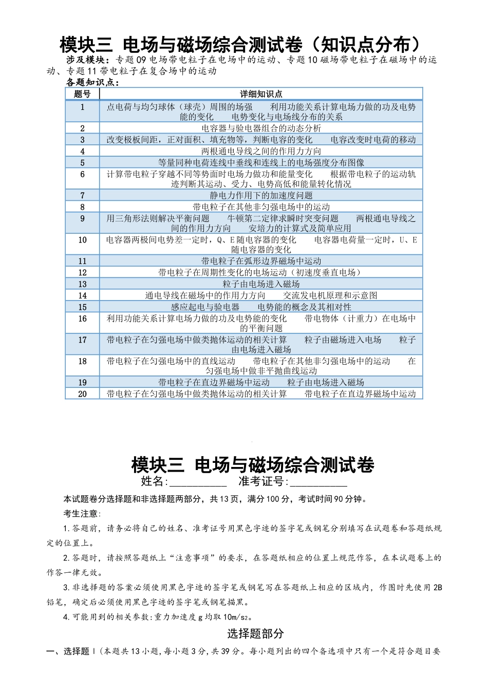 2024年高考物理二轮复习讲练测（新教材新高考）-模块三 电场与磁场综合测试卷（解析版）.docx_第1页
