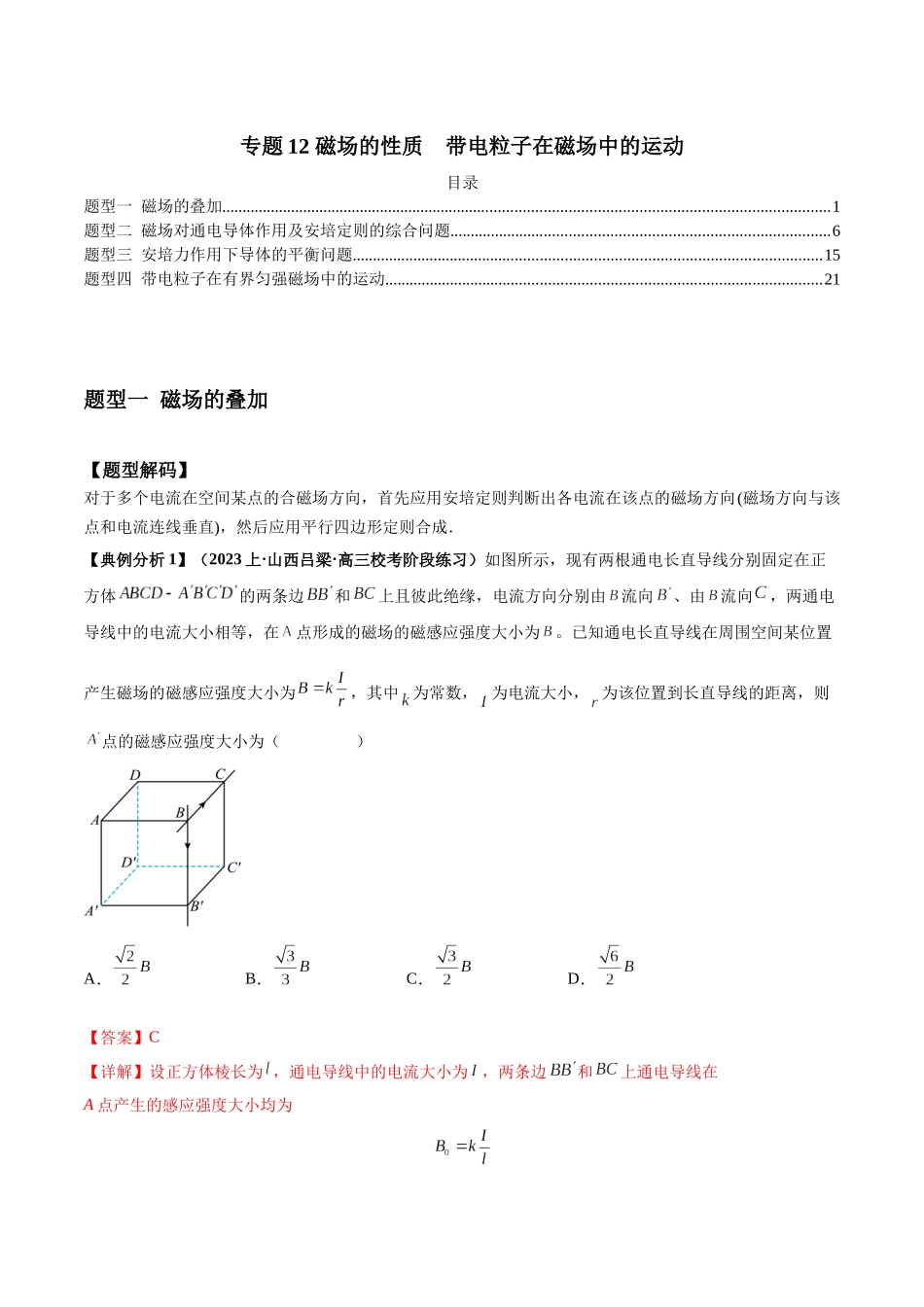 2024年高考物理二轮热点题型归纳与变式演练（新高考通用）-专题12 磁场的性质  带电粒子在磁场中的运动（解析版）.docx_第1页