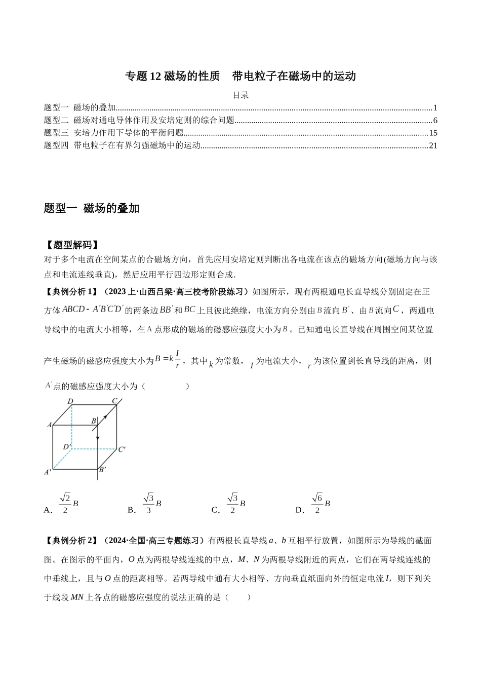 2024年高考物理二轮热点题型归纳与变式演练（新高考通用）-专题12 磁场的性质  带电粒子在磁场中的运动（原卷版）.docx_第1页
