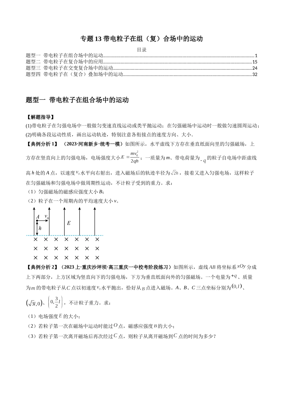 2024年高考物理二轮热点题型归纳与变式演练（新高考通用）-专题13 带电粒子在组（复）合场中的运动（原卷版）.docx_第1页
