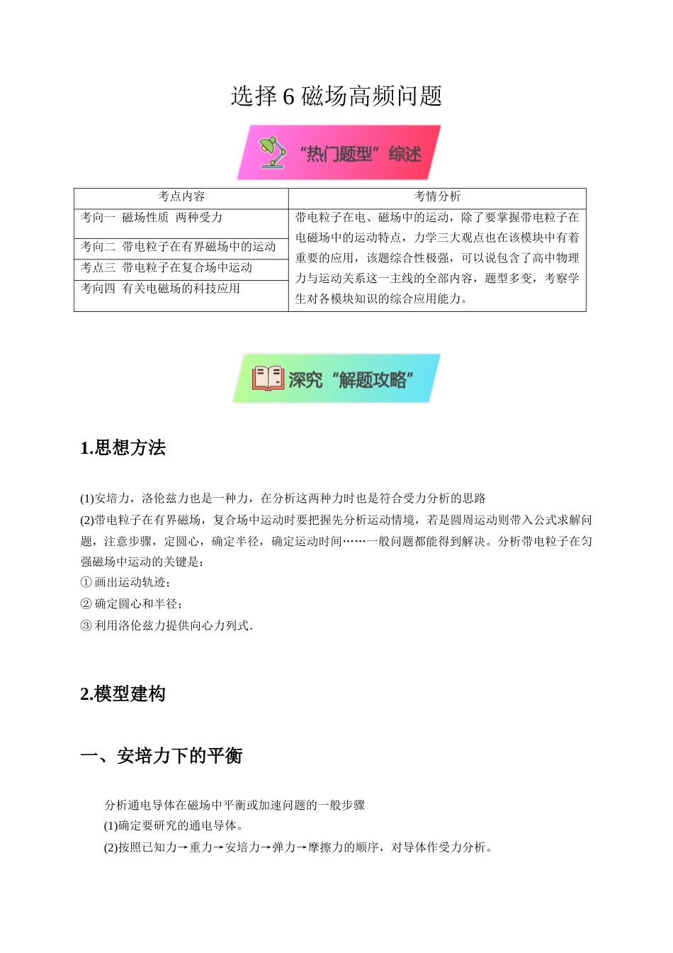 2025届高考物理二轮复习热点题型-选择6 磁场高频问题（原卷版）.docx_第1页