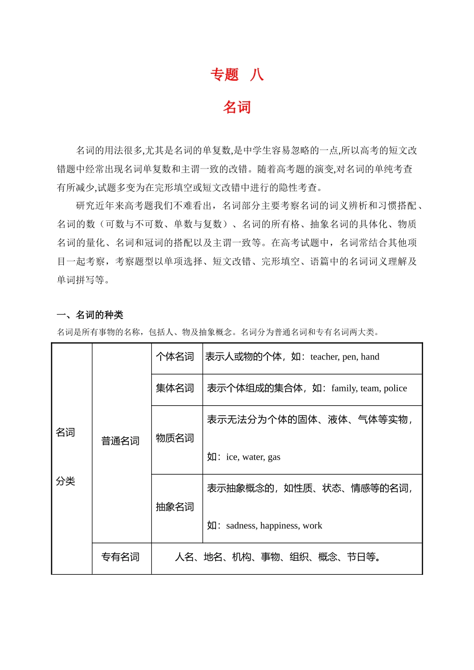 2025年初升高英语完美衔接专题讲与练-08 名词.doc_第1页