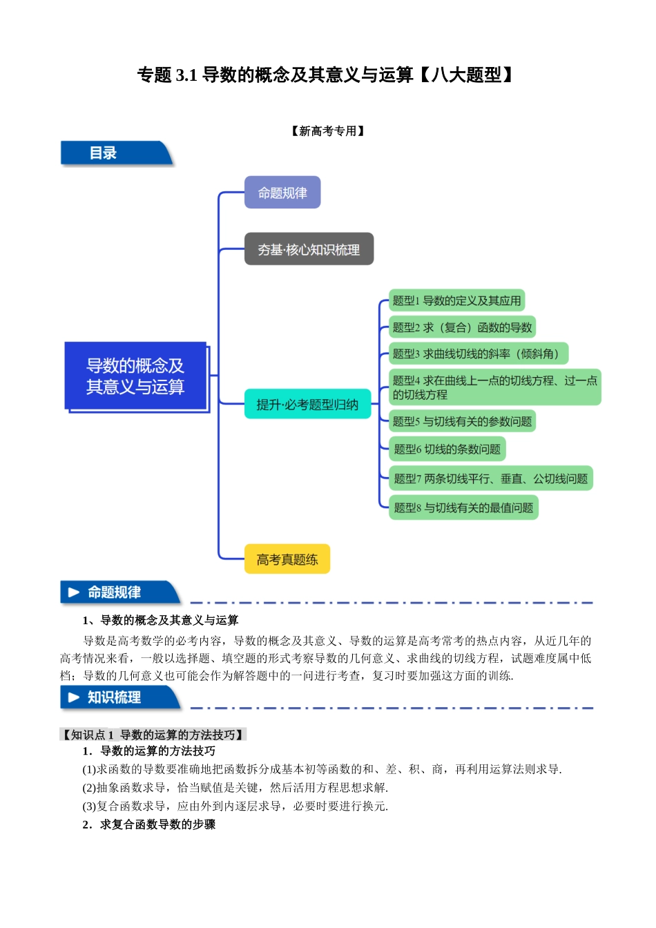 2025年高考数学二轮复习【举一反三】专练(新高考专用)-专题3.1 导数的概念及其意义与运算【八大题型】(讲义)(解析版).docx_第1页