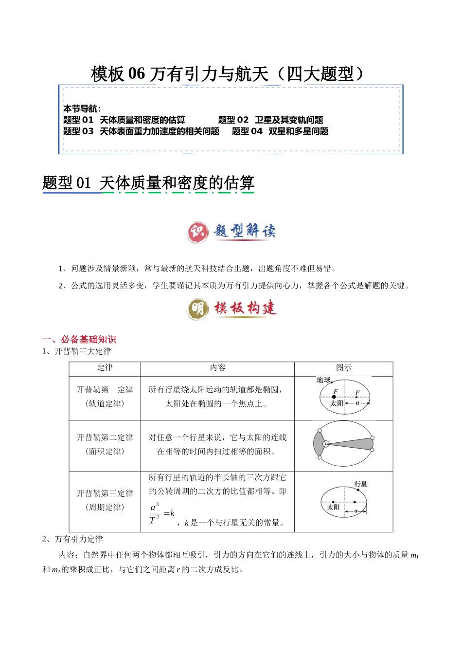 2025年高考物理答题技巧与模板构建-模板06 万有引力与航天（四大题型）（原卷版）.docx_第1页