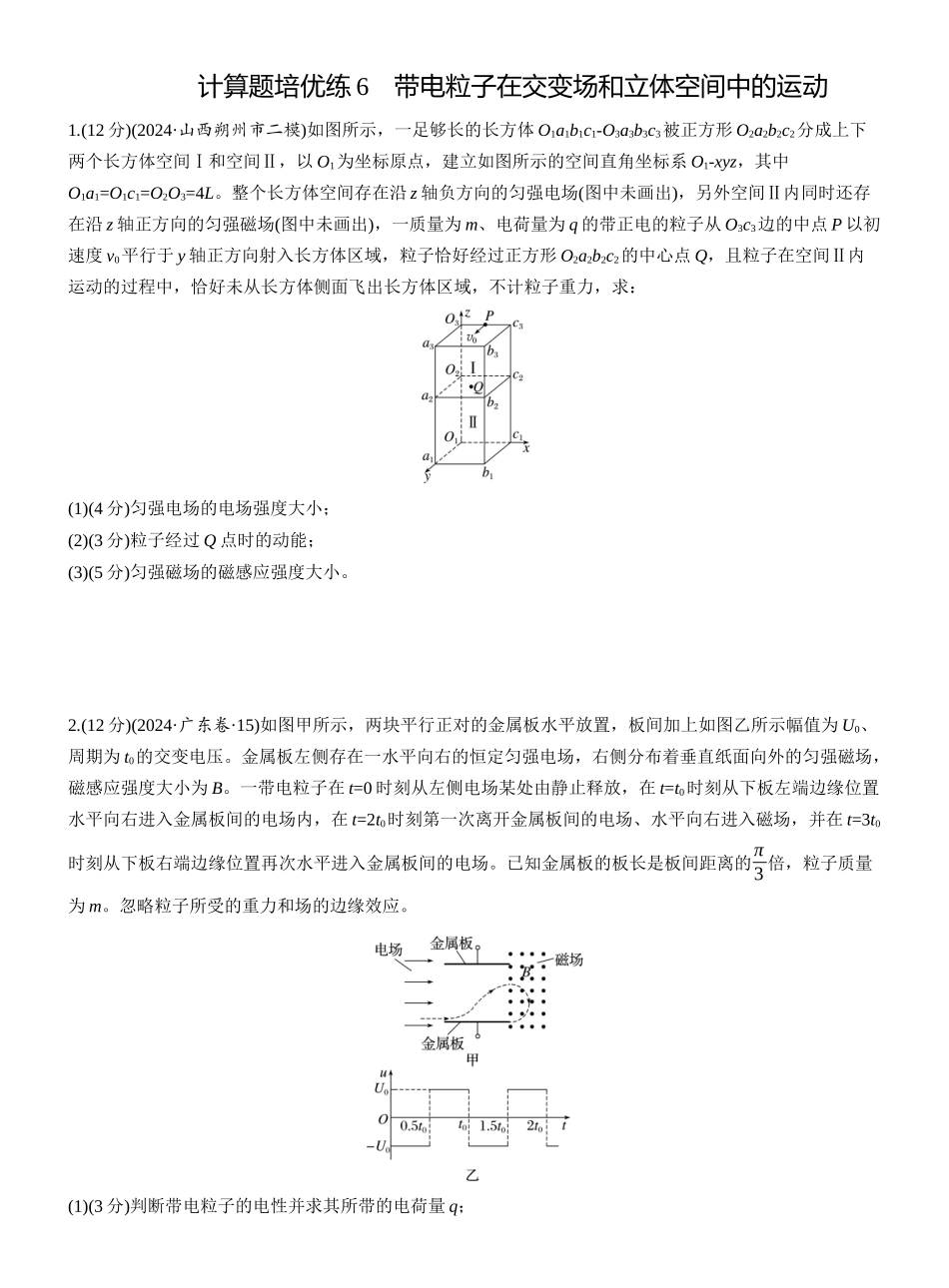 2025年高考物理大二轮-第一篇　专题三　计算题培优练6　带电粒子在交变场和立体空间中的运动 .docx_第1页