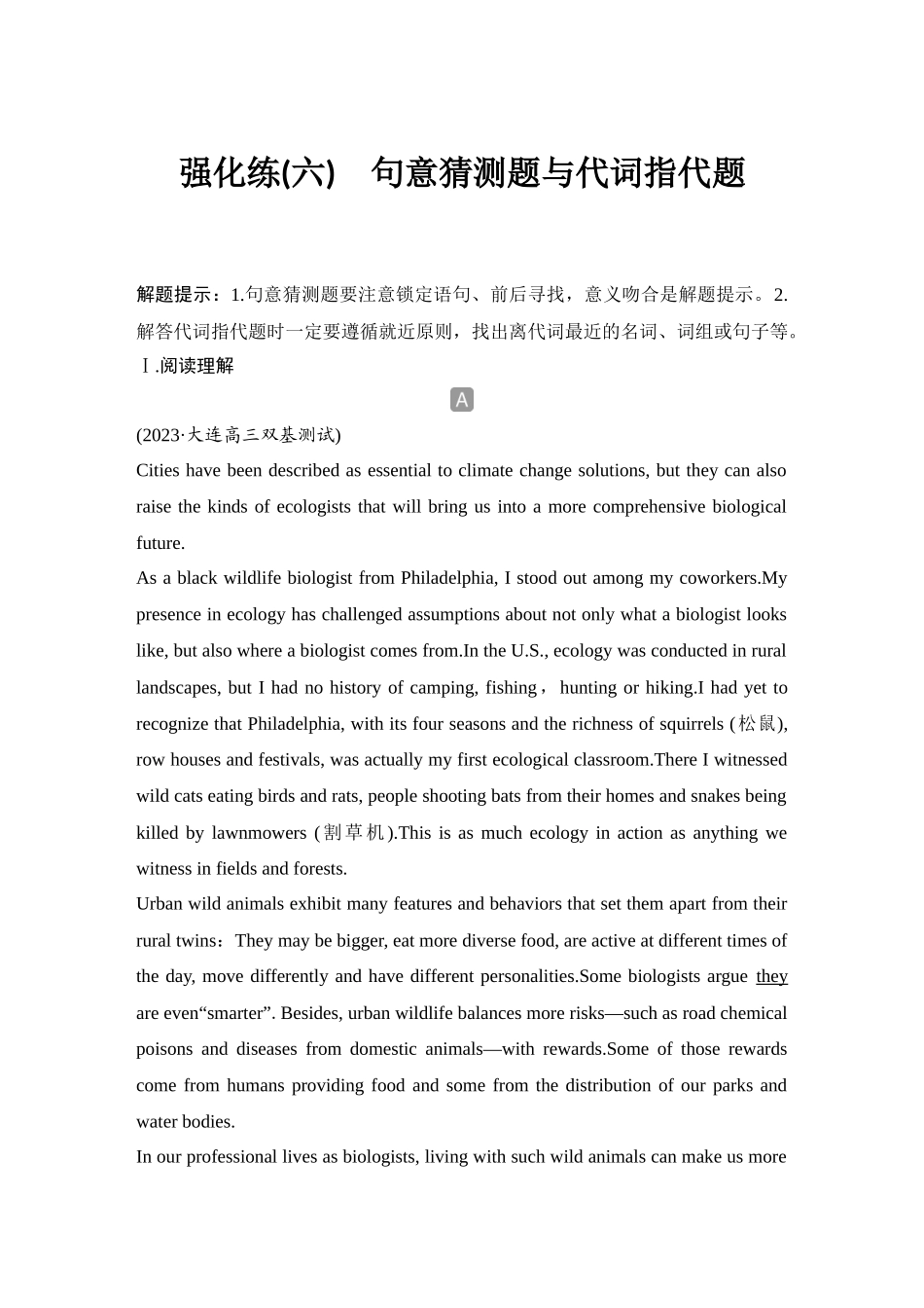 2025年高考英语大二轮-强化练(六)　句意猜测题与代词指代题.docx_第1页