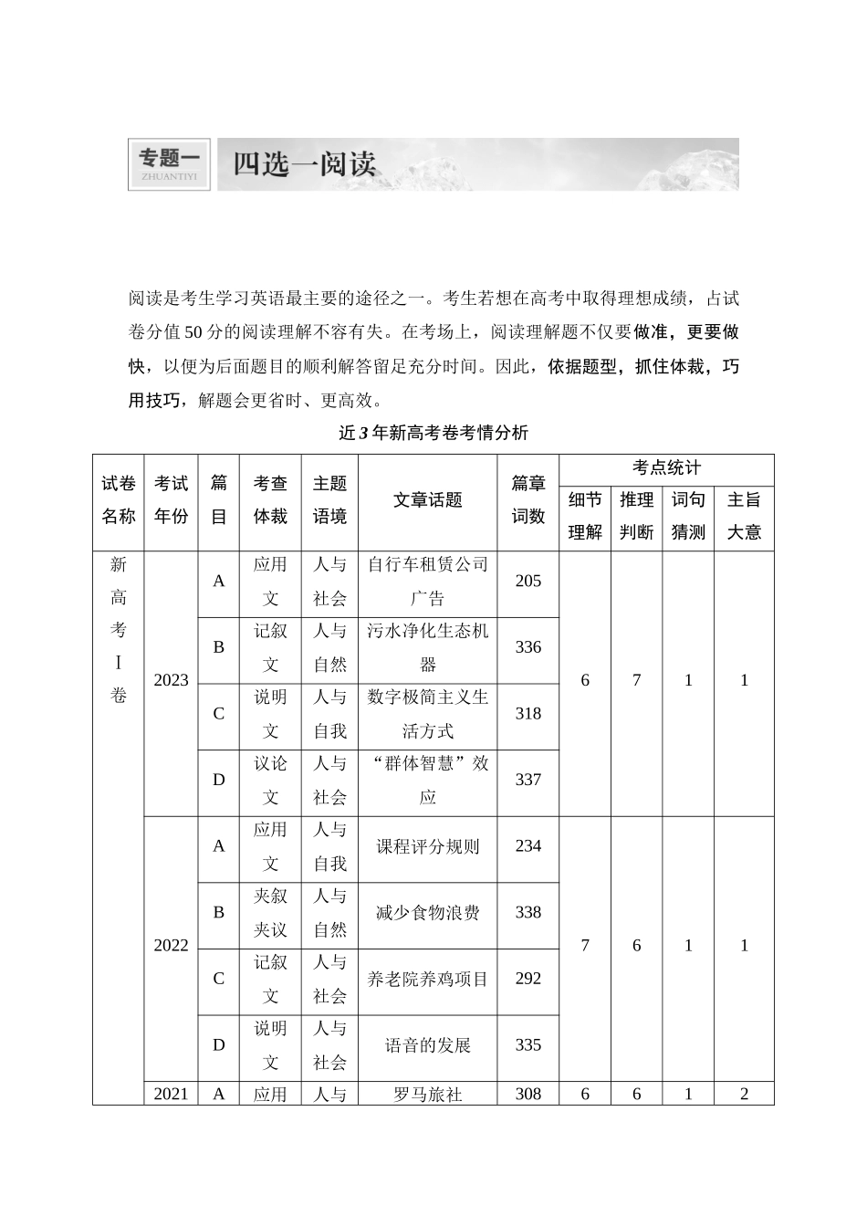 2025年高考英语大二轮-专题一　四选一阅读.docx_第1页