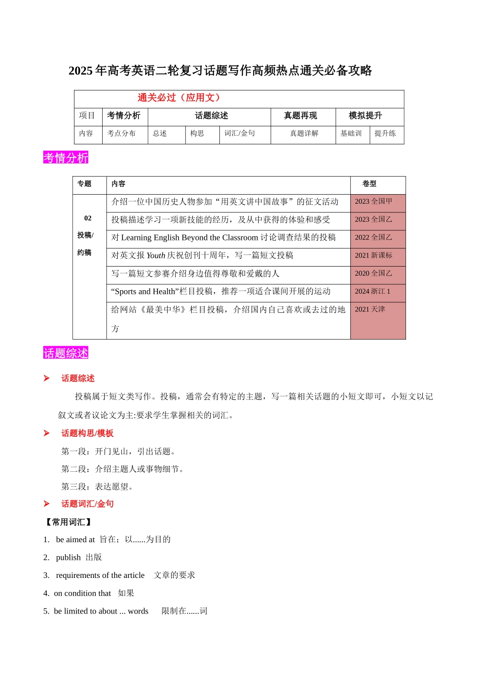 2025年高考英语二轮复习话题写作高频热点通关必备-专题02投稿信(应用文）（原卷版）.docx_第1页