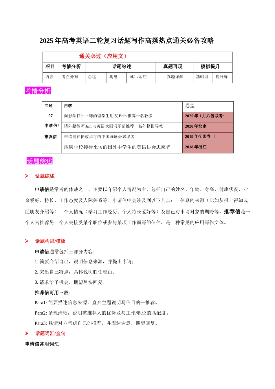 2025年高考英语二轮复习话题写作高频热点通关必备-专题07申请推荐信(应用文）（原卷版）.docx_第1页