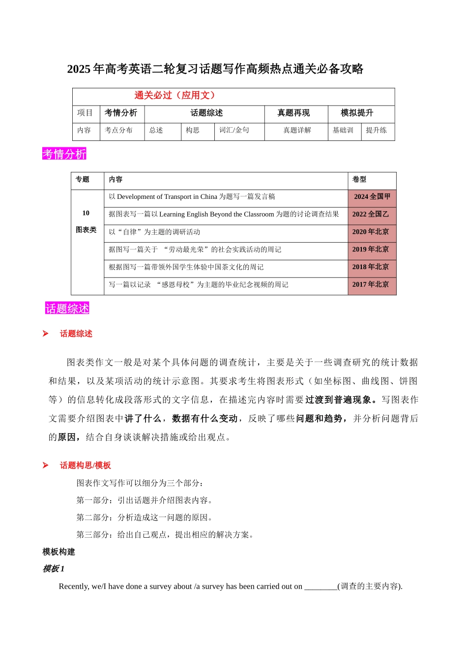 2025年高考英语二轮复习话题写作高频热点通关必备-专题10图表类(应用文）（解析版）.docx_第1页