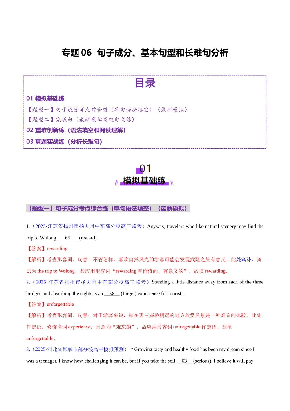 2025年高考英语二轮复习课件+讲义+练习-专题06 句子成分、基本句型和长难句分析（练习）（解析版）.docx_第1页