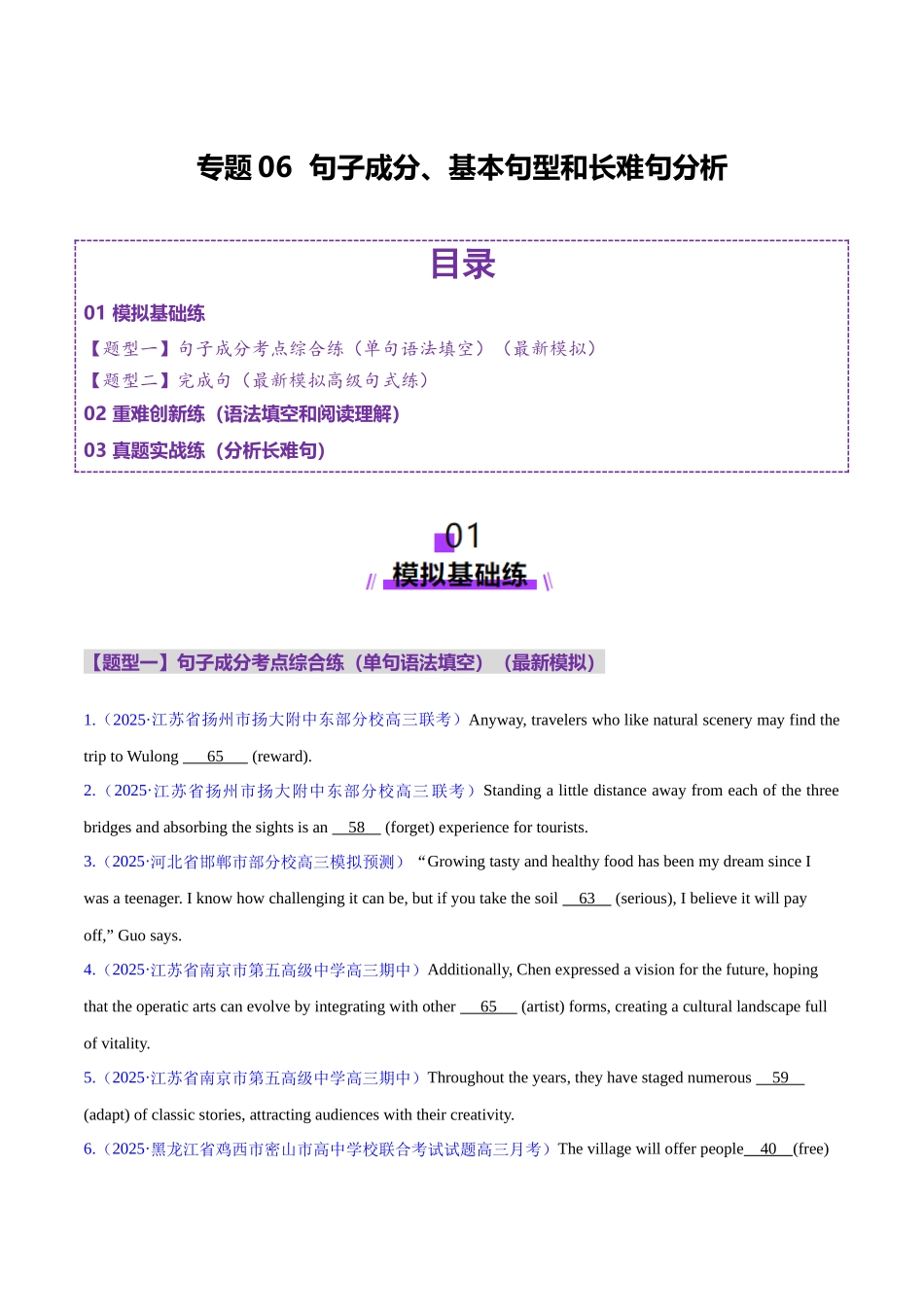 2025年高考英语二轮复习课件+讲义+练习-专题06 句子成分、基本句型和长难句分析（练习）（原卷版）.docx_第1页