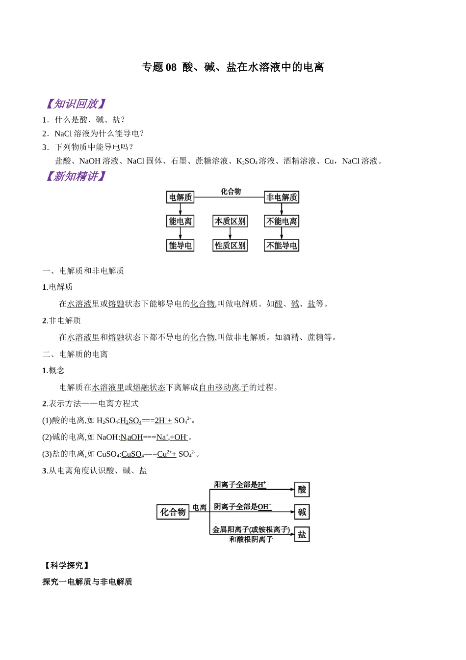 初升高化学衔接精品专题-专题08 酸、碱、盐在水溶液中的电离（原卷版）.doc_第1页