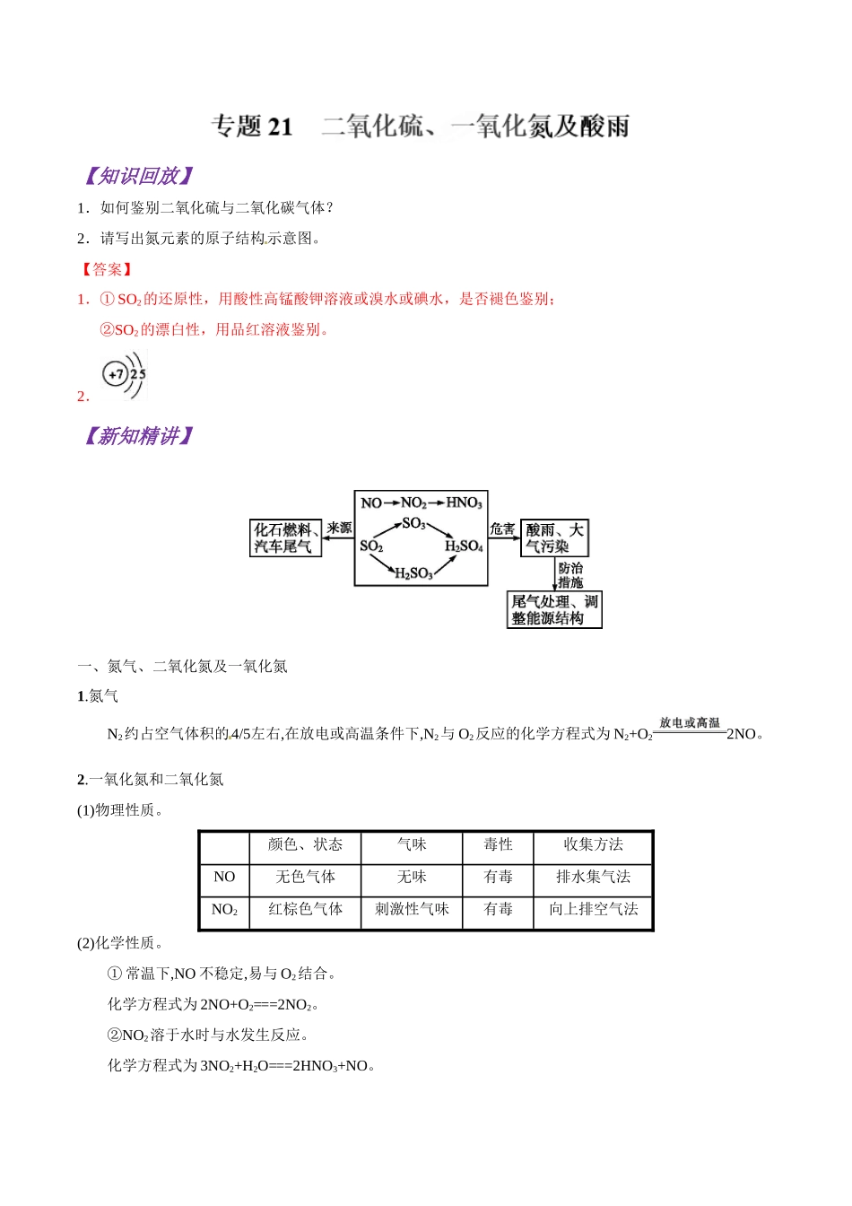 初升高化学衔接精品专题-专题22  二氧化硫、一氧化氮及酸雨（解析版）.doc_第1页