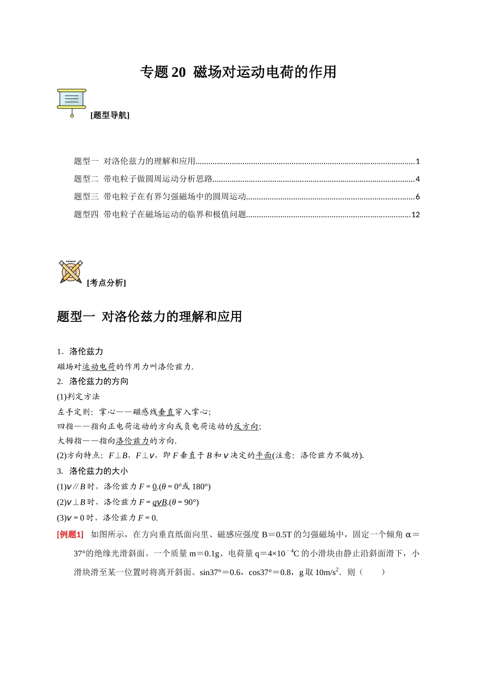 高考冲刺物理热点知识讲练与题型归纳（全国通用）-专题20  磁场对运动电荷的作用（解析版）.docx_第1页