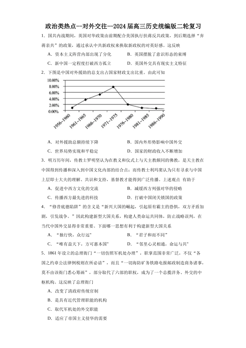 高三历史统编版二轮复习专项训练-政治类热点--对外交往--高三历史统编版二轮复习原卷版.docx_第1页