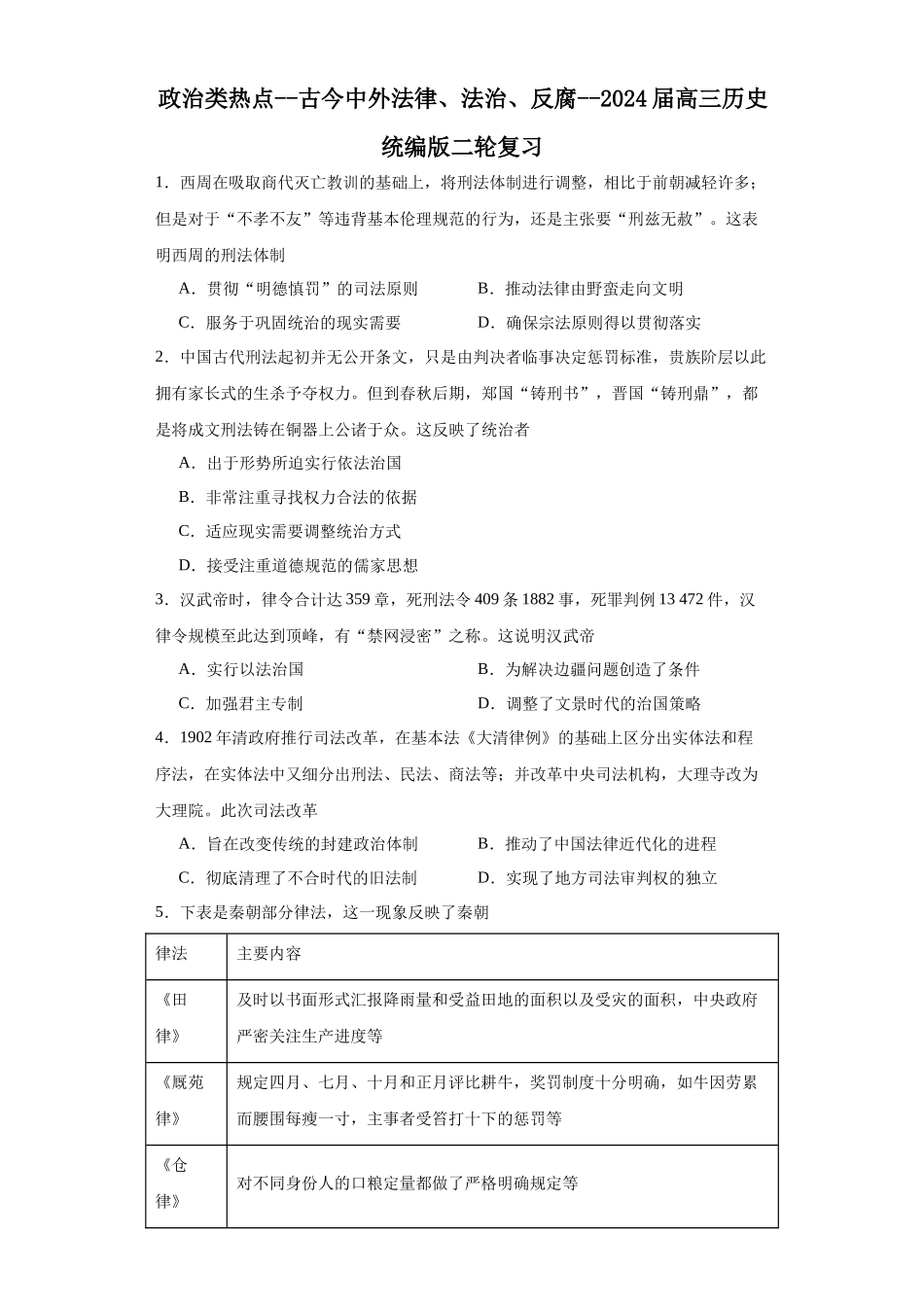 高三历史统编版二轮复习专项训练-政治类热点--古今中外法律、法治、反腐--高三历史统编版二轮复习原卷版.docx_第1页