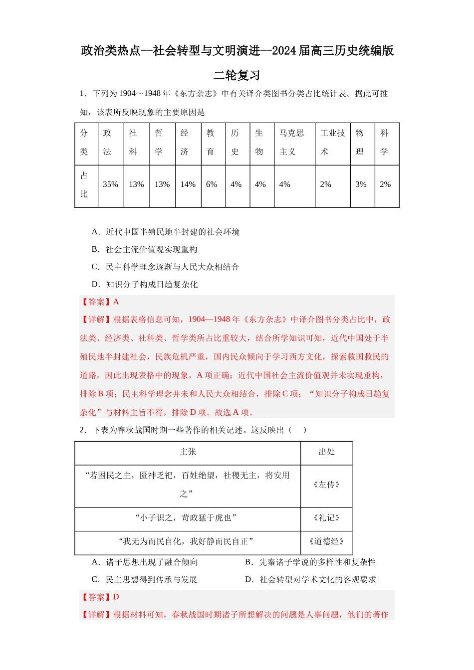 高三历史统编版二轮复习专项训练-政治类热点--社会转型与文明演进解析版.docx_第1页