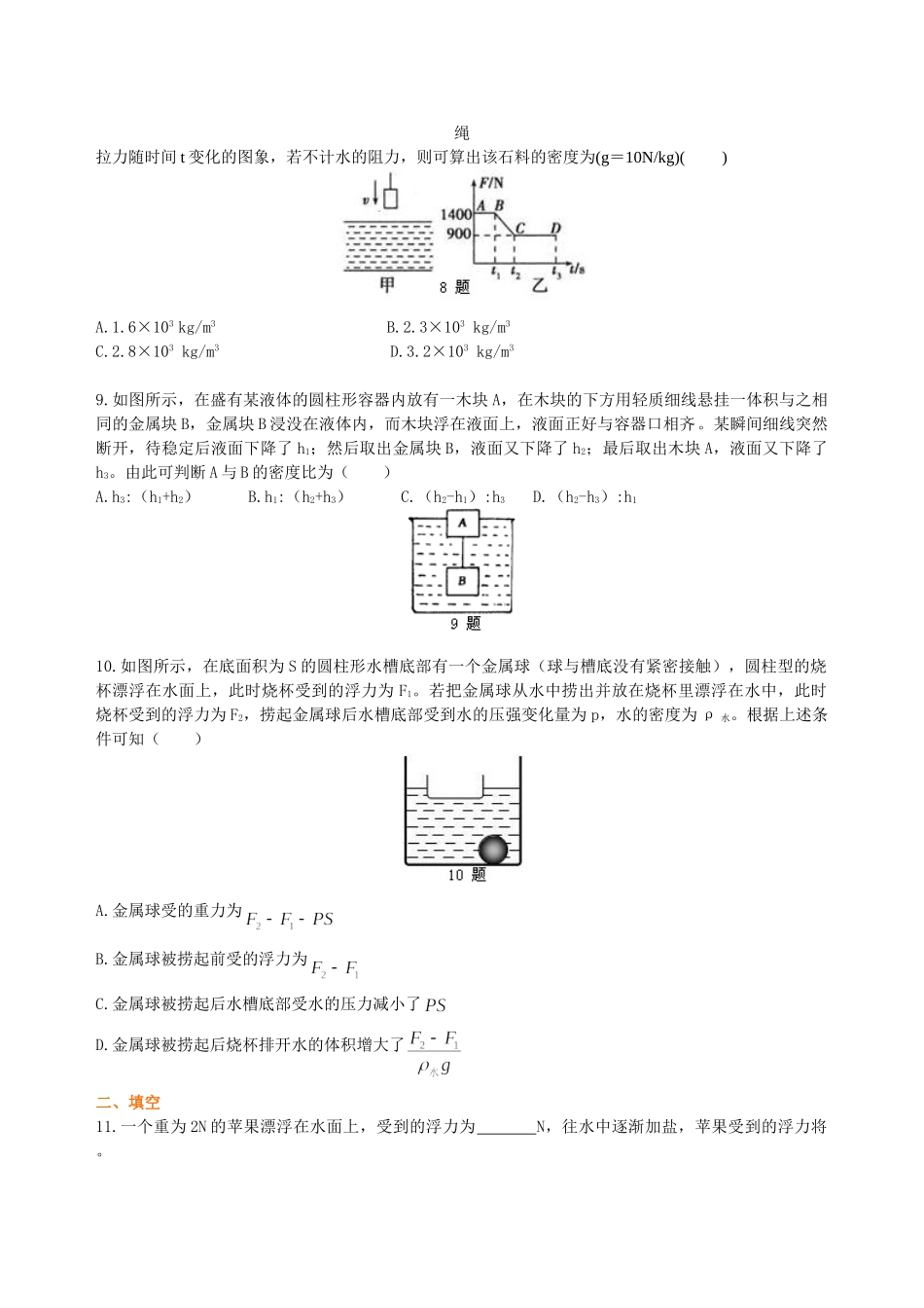 初中物理同步讲义（北师版）8下同步讲义-《浮力》全章复习与巩固（基础）巩固练习.doc_第2页