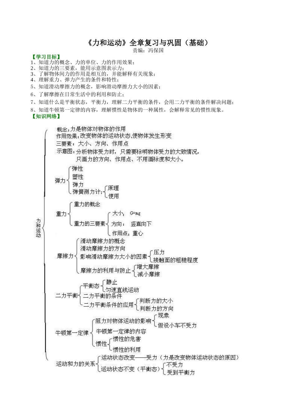 初中物理同步讲义（北师版）8下同步讲义-《力和运动》全章复习与巩固（基础）知识讲解.doc_第1页