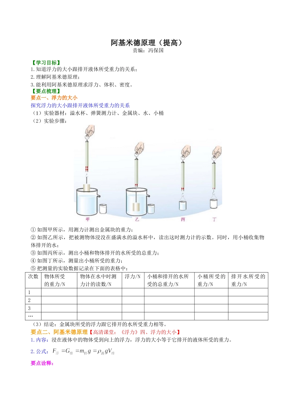初中物理同步讲义（北师版）8下同步讲义-阿基米德原理(提高)知识讲解.doc_第1页