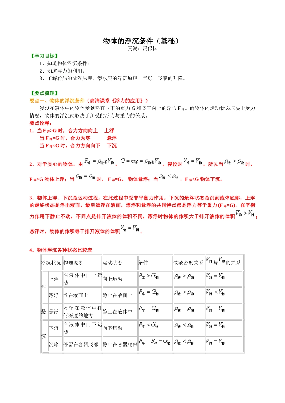 初中物理同步讲义（北师版）8下同步讲义-物体的浮沉条件（基础）知识讲解.doc_第1页