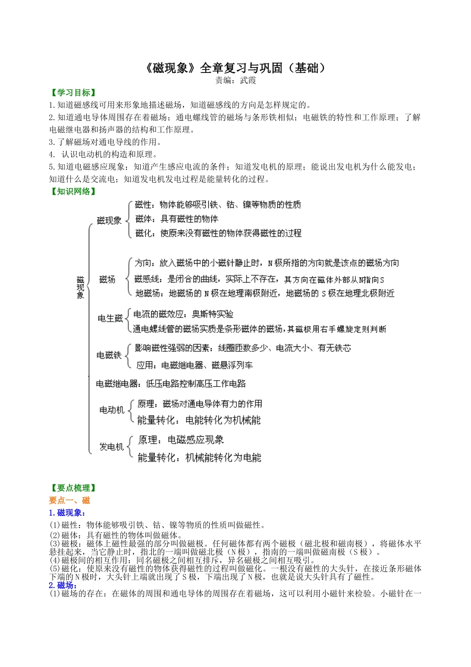 初中物理同步讲义（北师版）9全同步讲义-《磁现象》全章复习与巩固（基础） 知识讲解.doc_第1页