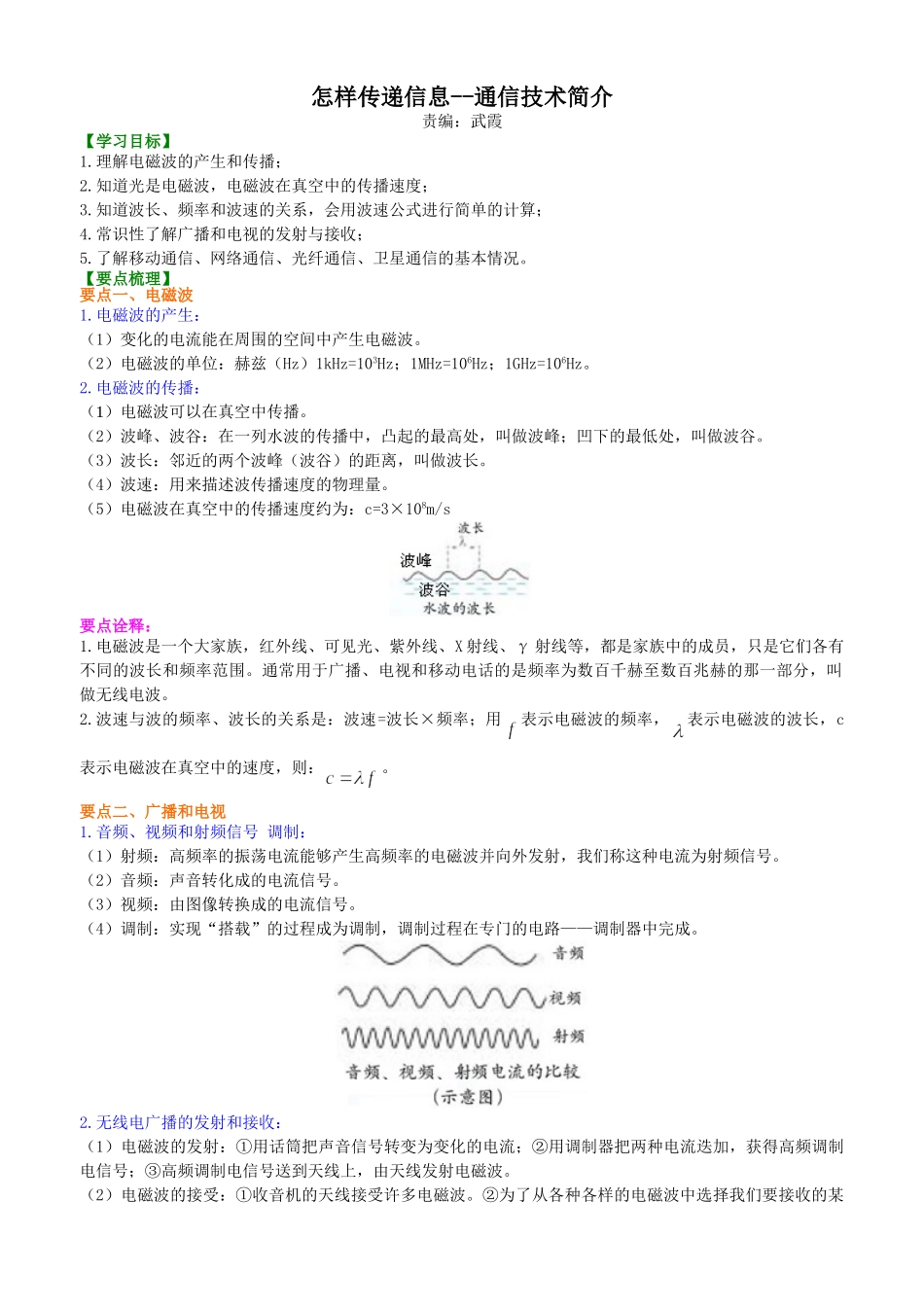 初中物理同步讲义（北师版）9全同步讲义-怎样传递信息--通信技术简介 知识讲解.doc_第1页