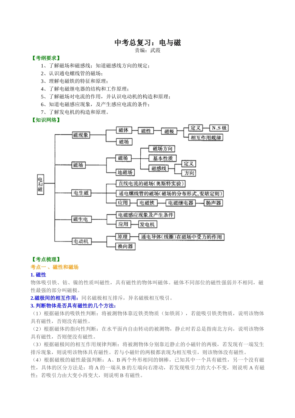 初中物理同步讲义（北师版）-中考总复习：电与磁 知识讲解.doc_第1页