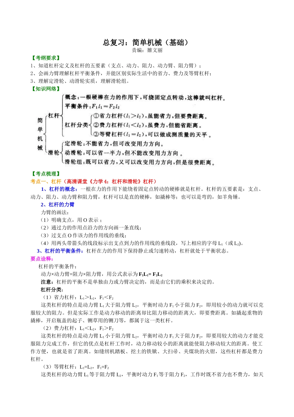 初中物理同步讲义（北师版）-总复习：简单机械（基础）知识讲解.doc_第1页