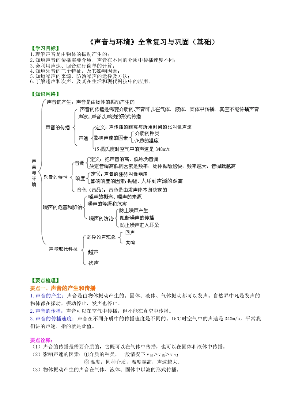 初中物理同步讲义（沪粤版）8上同步讲义-《声音与环境》全章复习与巩固（基础）知识讲解.doc_第1页