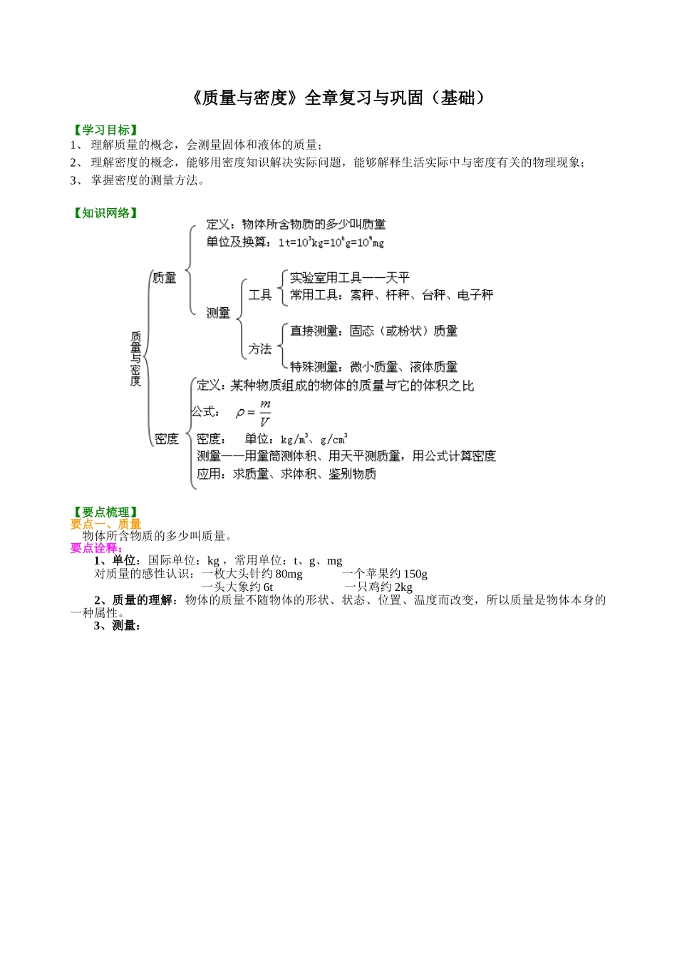 初中物理同步讲义（沪粤版）8上同步讲义-《质量与密度》全章复习与巩固（基础）知识讲解.doc_第1页