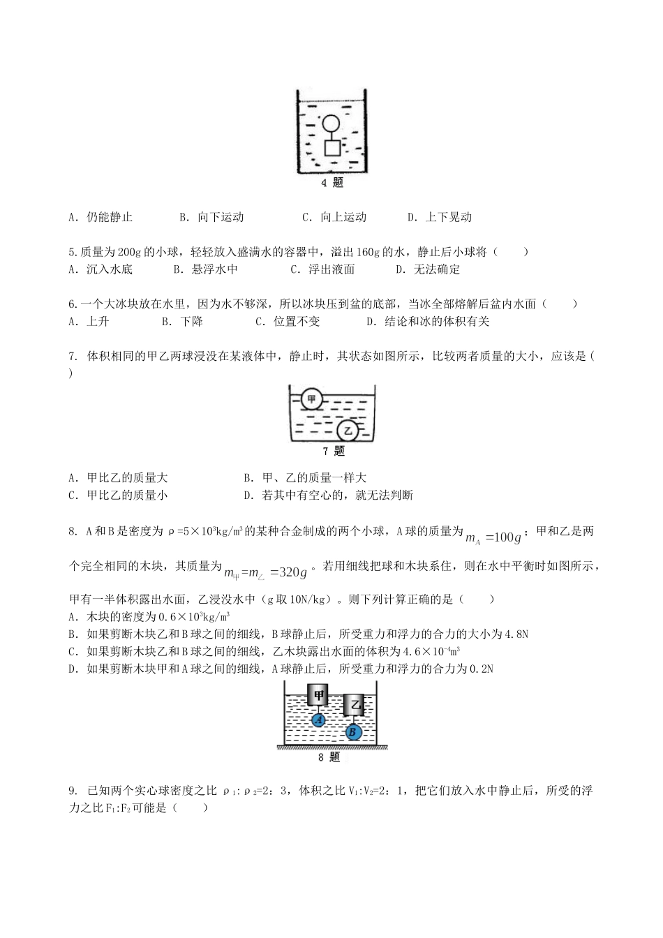 初中物理同步讲义（沪粤版）8下同步讲义-《浮力》全章复习与巩固（提高）巩固练习(1).doc_第2页