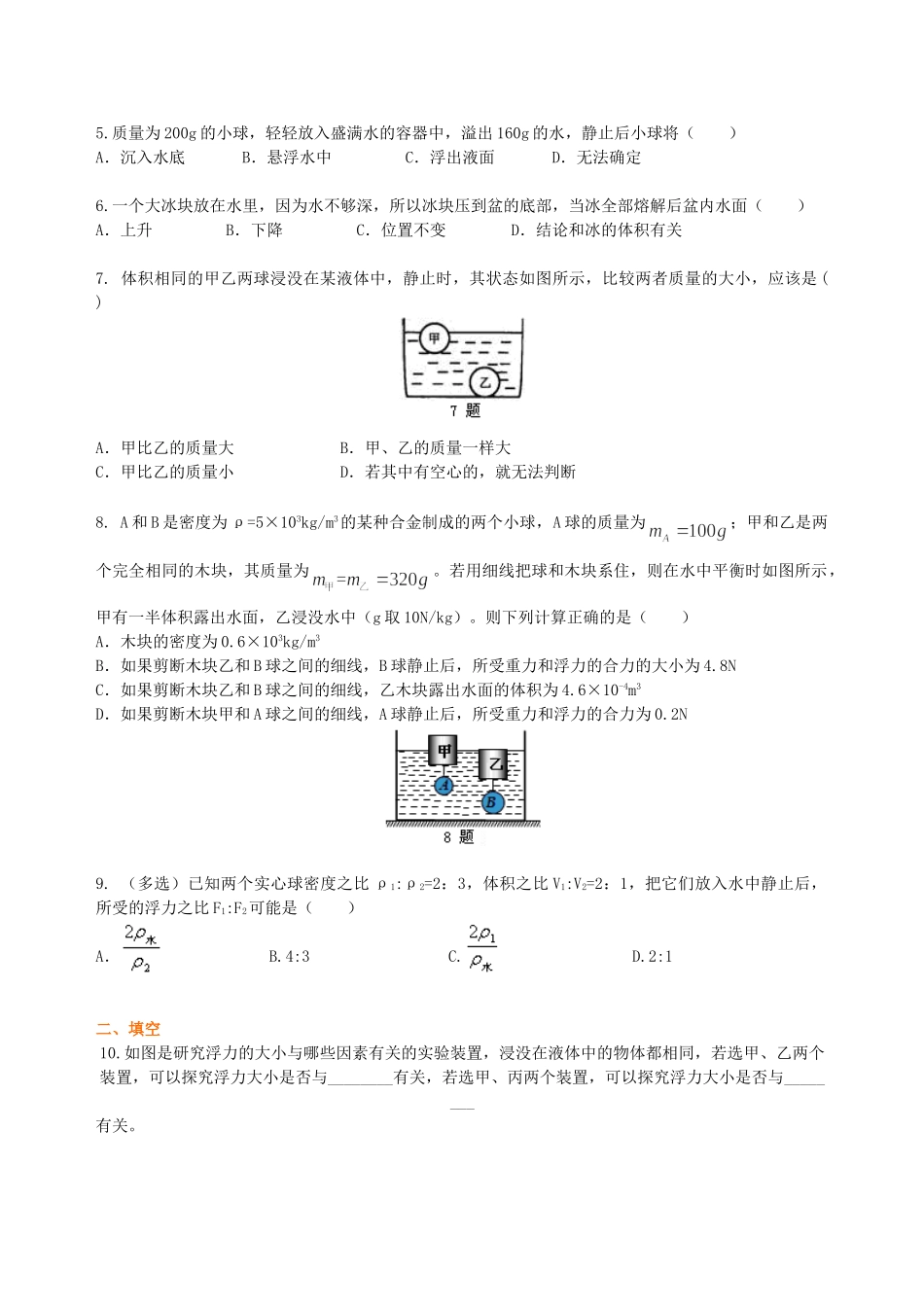 初中物理同步讲义（沪粤版）8下同步讲义-《浮力》全章复习与巩固（提高）巩固练习.doc_第2页