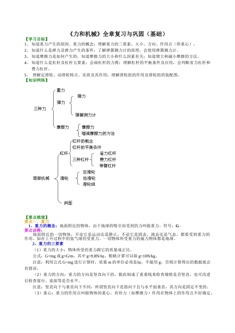 初中物理同步讲义（沪粤版）8下同步讲义-《力和机械》全章复习与巩固（基础）知识讲解.doc_第1页