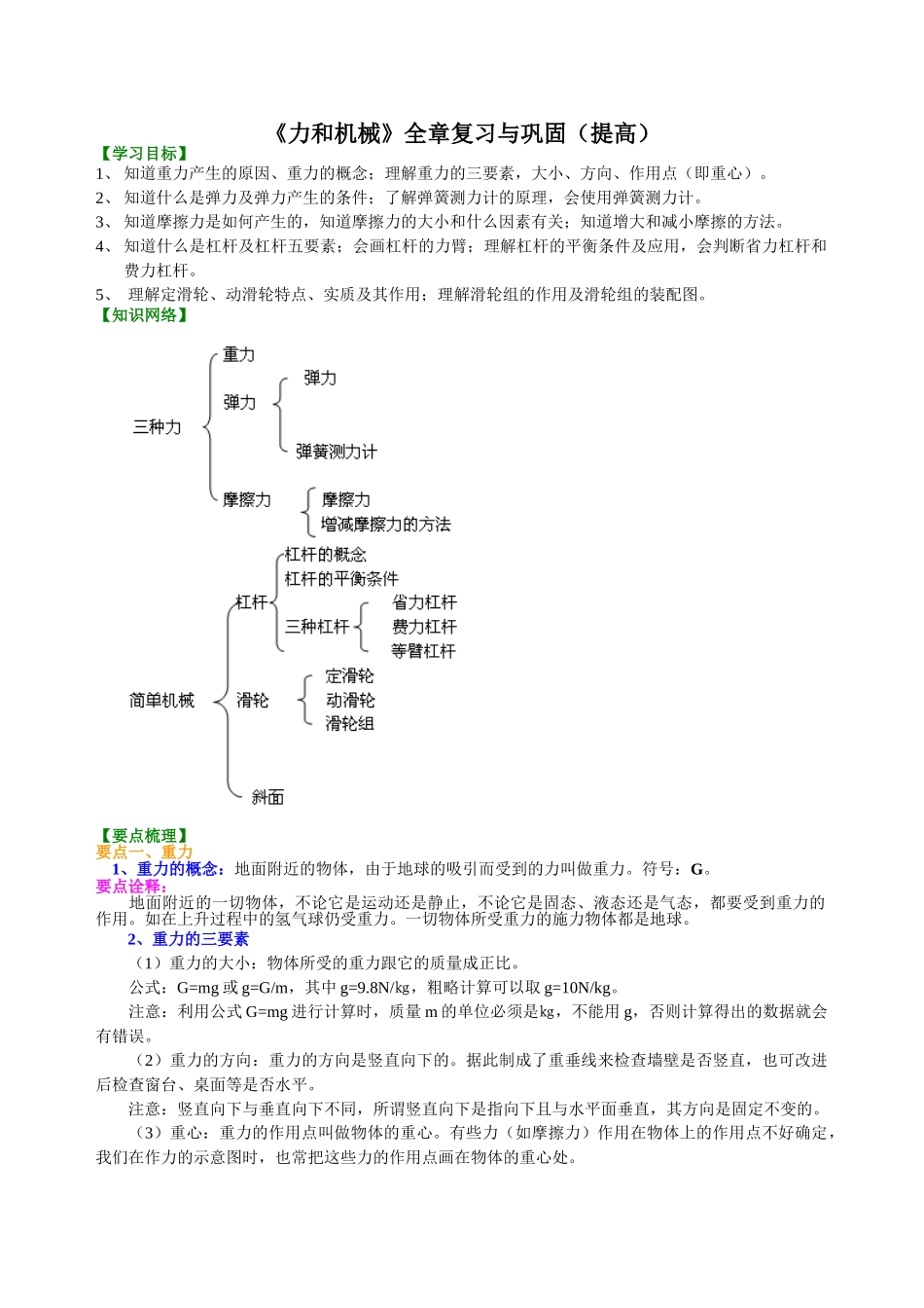 初中物理同步讲义（沪粤版）8下同步讲义-《力和机械》全章复习与巩固（提高） 知识讲解.doc_第1页