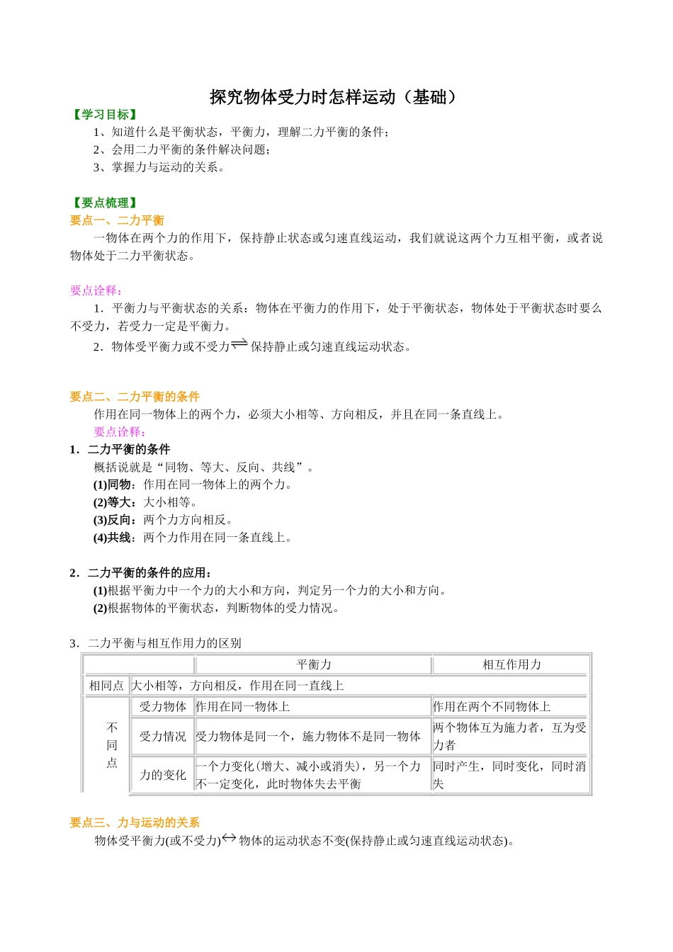 初中物理同步讲义（沪粤版）8下同步讲义-探究物体受力时怎样运动（基础） 知识讲解.doc_第1页