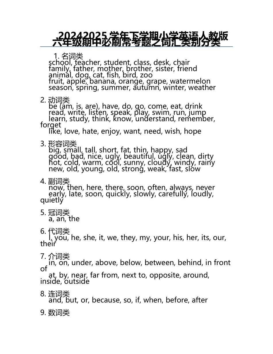 2024-2025学年下学期小学英语人教版六年级期中必刷常考题之词汇类别分类.docx_第1页