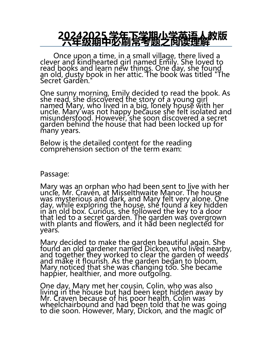 2024-2025学年下学期小学英语人教版六年级期中必刷常考题之阅读理解.docx_第1页