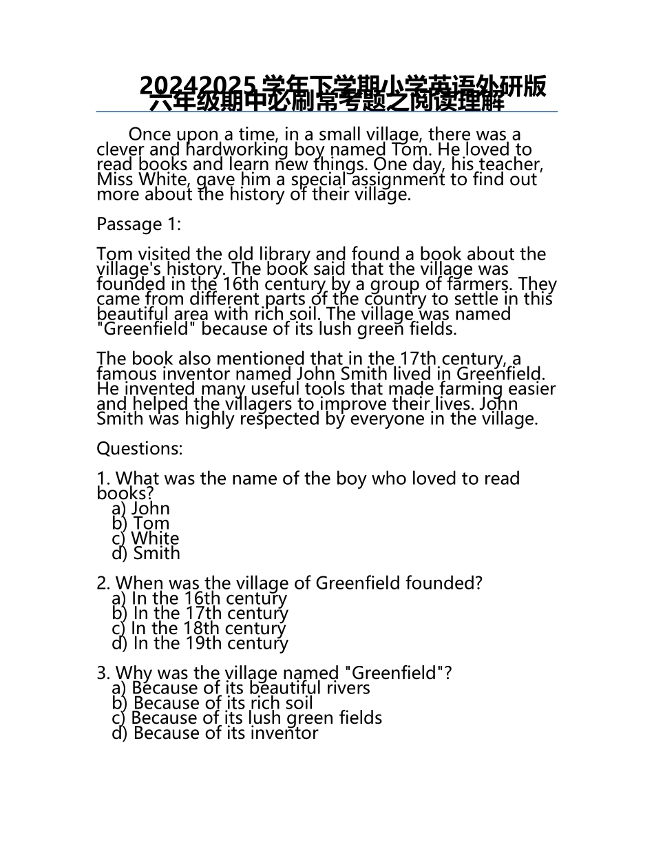 2024-2025学年下学期小学英语外研版六年级期中必刷常考题之阅读理解.docx_第1页