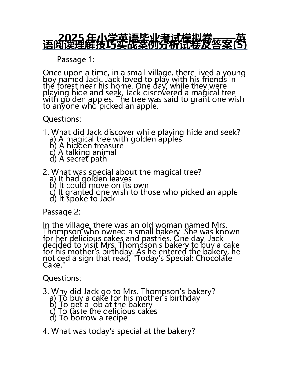 2025年小学英语毕业考试模拟卷——英语阅读理解技巧实战案例分析试卷及答案(5).docx_第1页