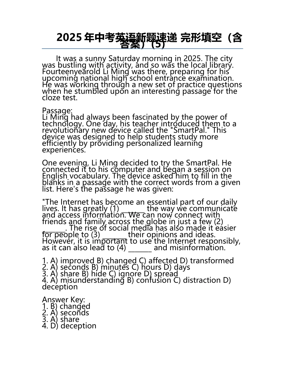 2025年中考英语新题速递 完形填空（含答案）(5).docx_第1页