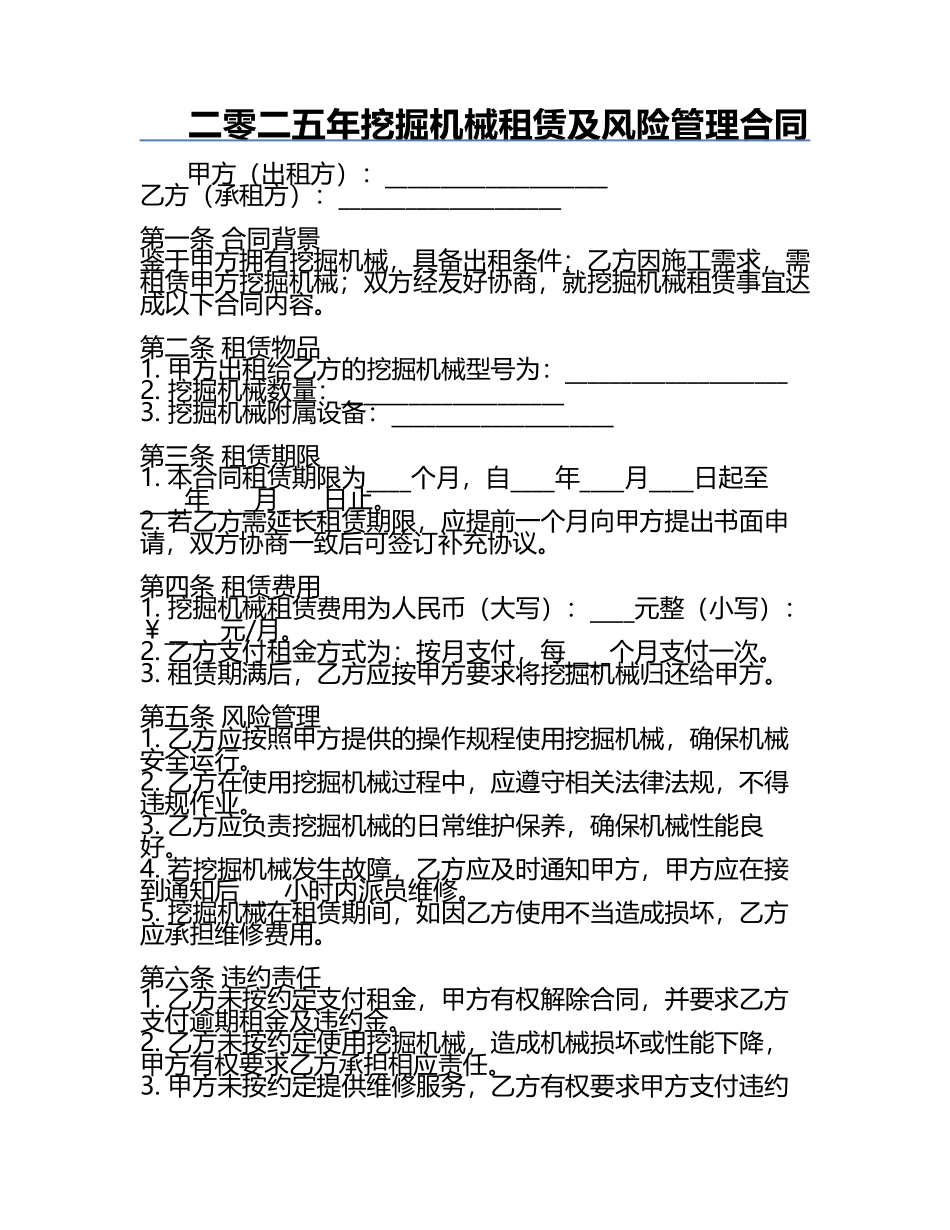 二零二五年挖掘机械租赁及风险管理合同.docx_第1页