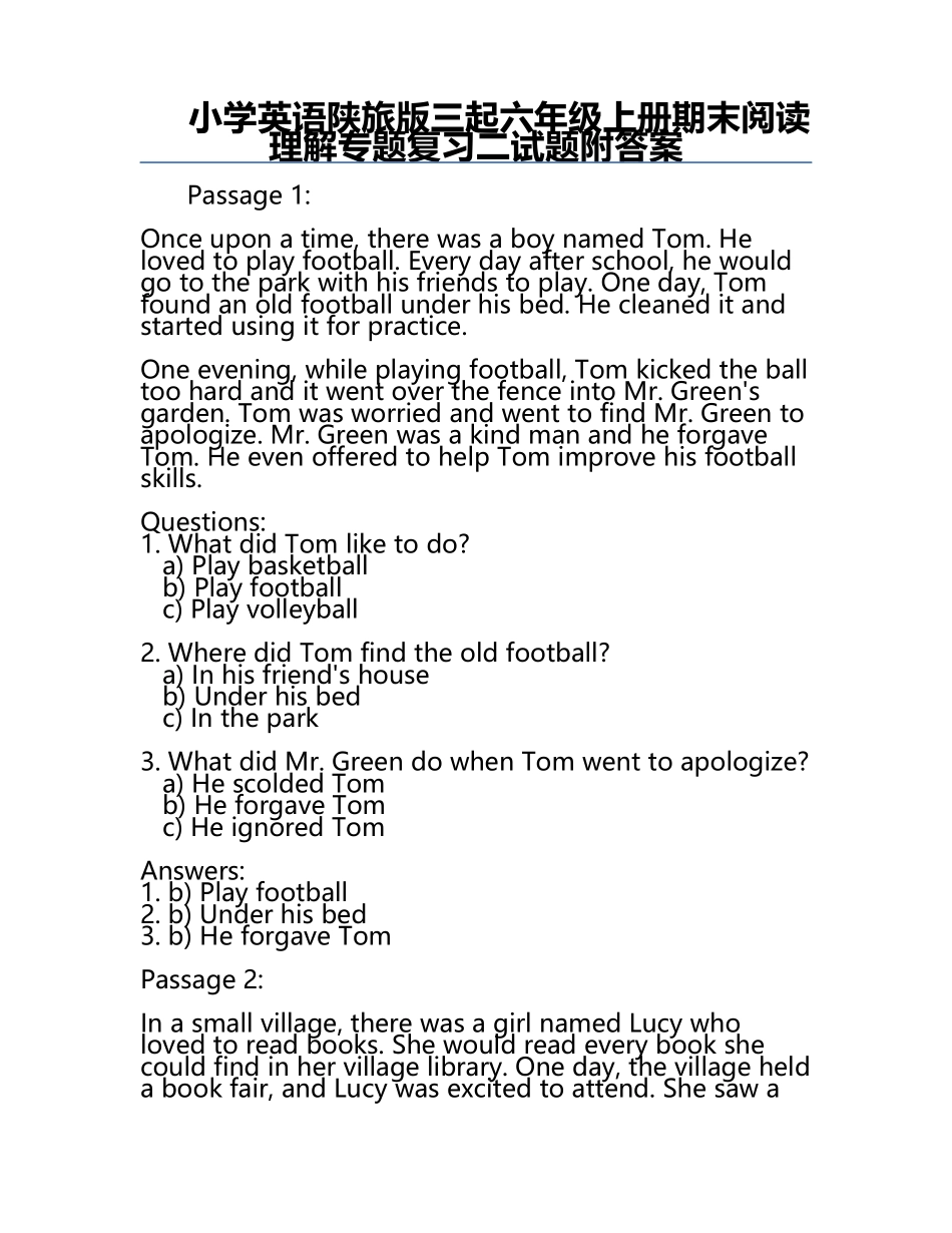 小学英语陕旅版三起六年级上册期末阅读理解专题复习二试题附答案.docx_第1页