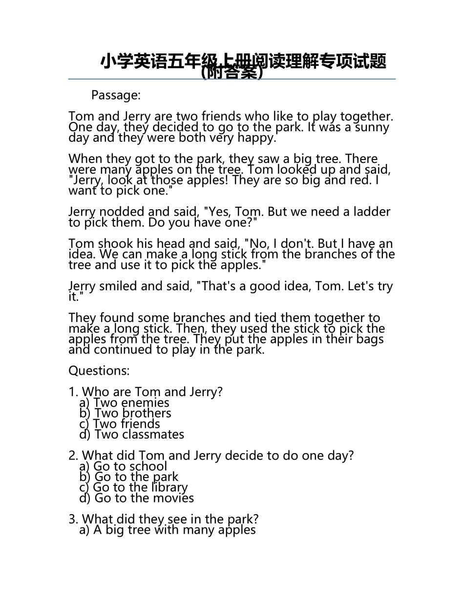 小学英语五年级上册阅读理解专项试题(附答案).docx_第1页