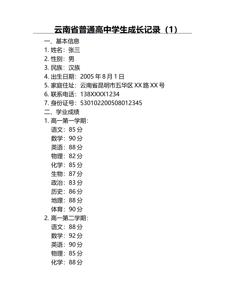 云南省普通高中学生成长记录（1）.docx_第1页