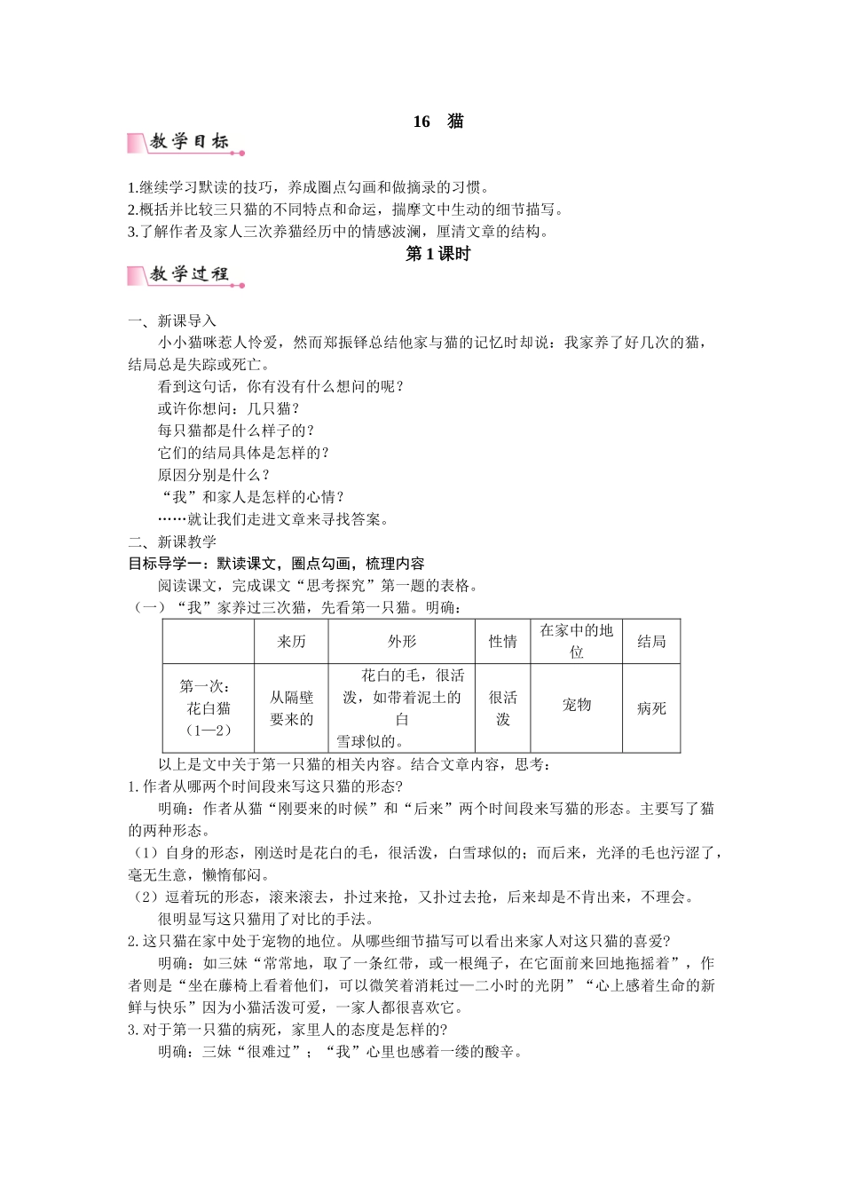  25秋新人教版语文七年级上册  16  猫  （名师教案含反思）.doc_第1页