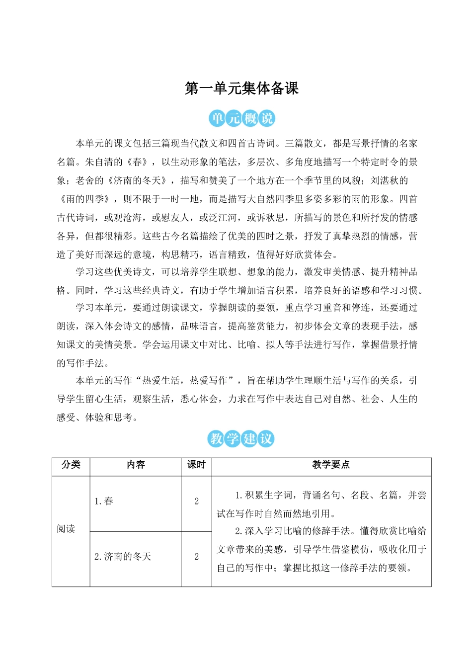 （25秋）新人教版语文七年级上册  1 春（集体备课教案）.doc_第1页
