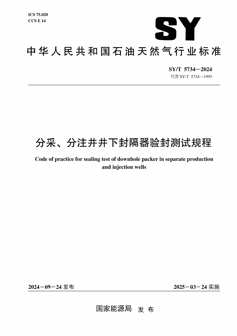 SYT 5734-2024 分采、分注井井下封隔器验封测试规程.pdf_第1页
